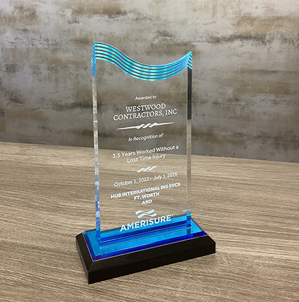 Westwood Contractors received Safety Award for 3.5 years without a lost-time injury.